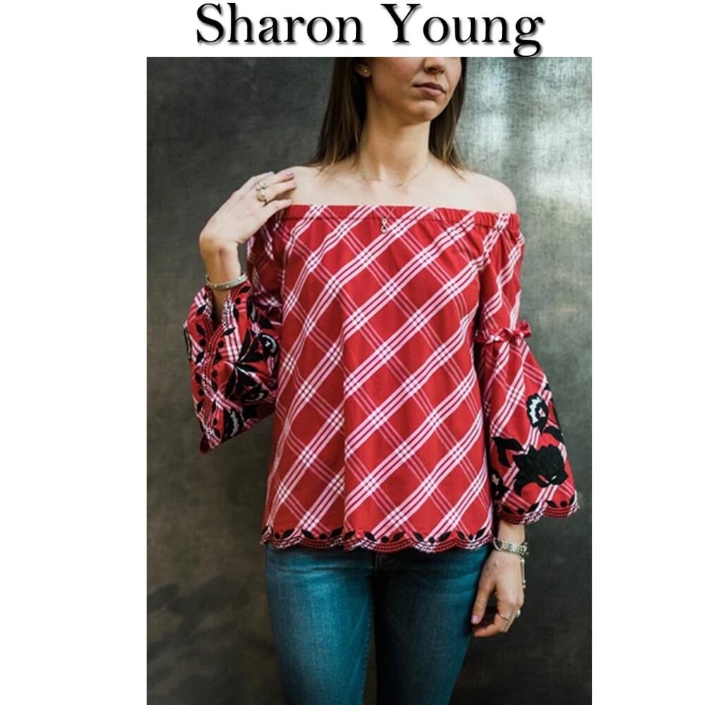 Sharon Young Off Shoulder Plaid Top Sz Small NWT